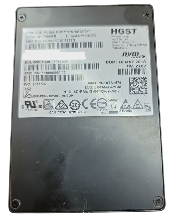 7.68TB NVME 2.5" PCIe Gen3 HGST EMC U.2 SSD - HUSMR7676BDP3Y1 118000590-03 (520)