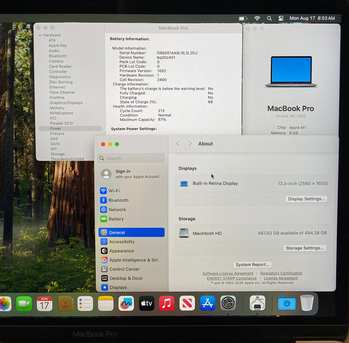 Apple MacBook Pro 13" M1 2020 8GB RAM 512GB SSD No Power Adapter - READ!