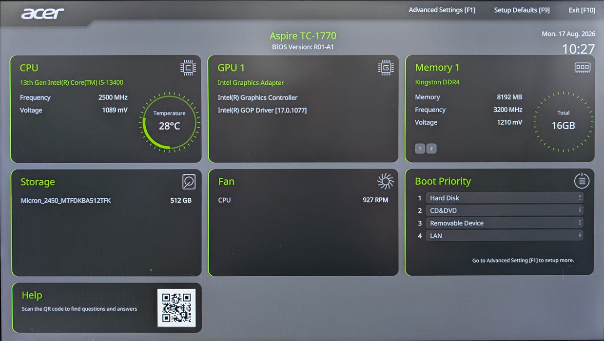 ACER ASPIRE TC-1770, i5-13400 2.50GHz, 16GB DDR4, 512GB NVMe
