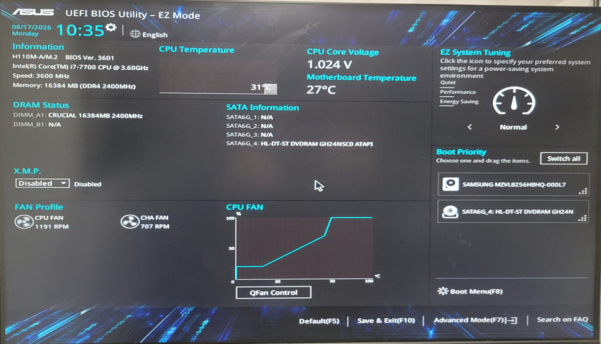 Custom PC/Asus H110M-A/M.2 | i7-7700 @3.60GHz 16GB DDR4 256GB NVMe