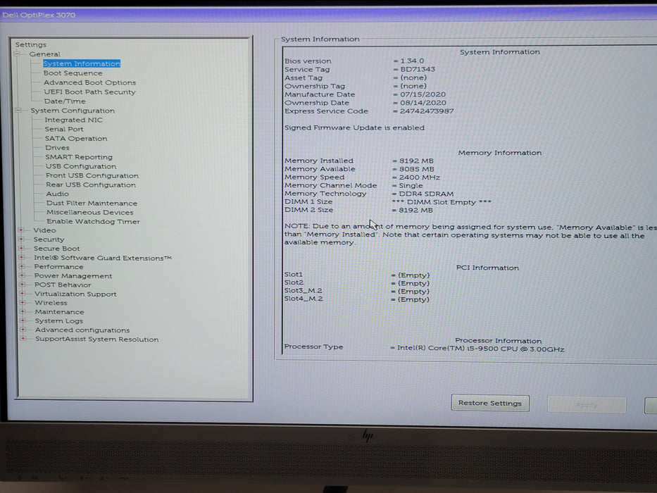 Dell OptiPlex 3070 SFF, Core i5-9500 9th Gen 3.0GHz 8GB RAM NO-HDD/SSD, READ