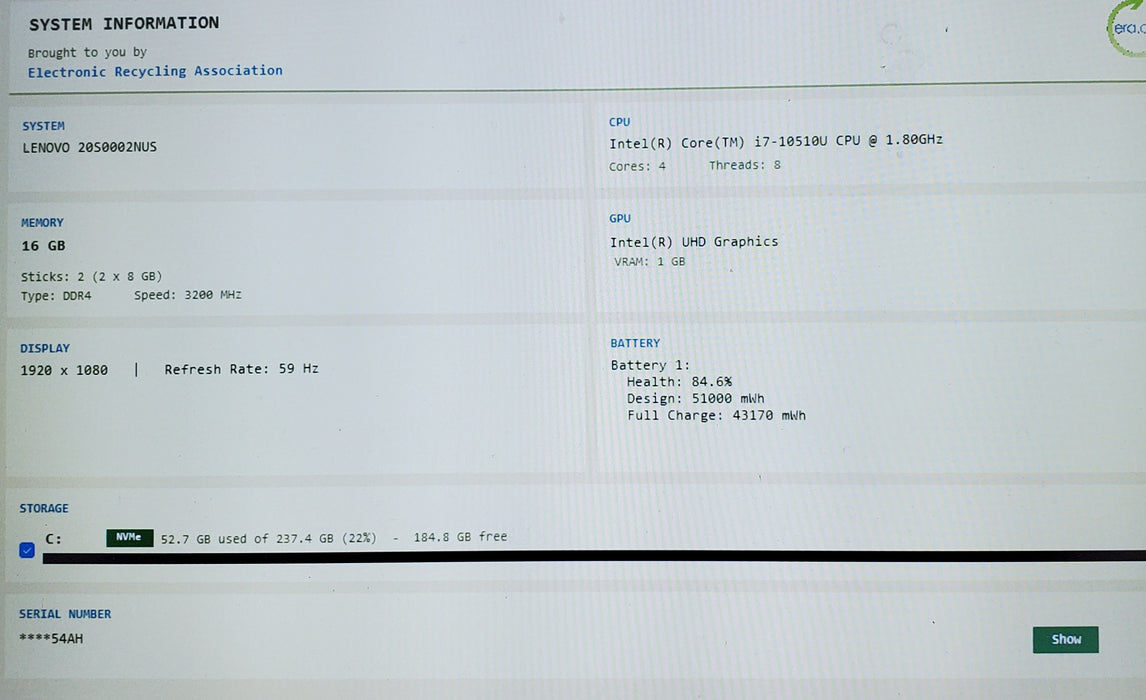 Lenovo ThinkPad T14 Gen 1 Intel Core i7-10510U 1.80GHz 16GB RAM 256GB SSD