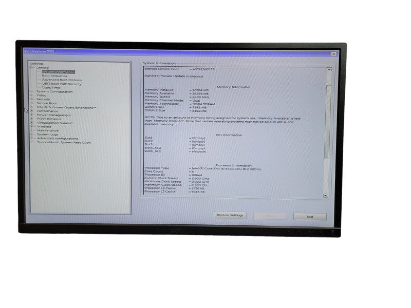 Dell Inspiron 3671 Intel Core i5 - 9400 CPU @ 2.90GHz 16GB DDR4 Ram QÎ¸