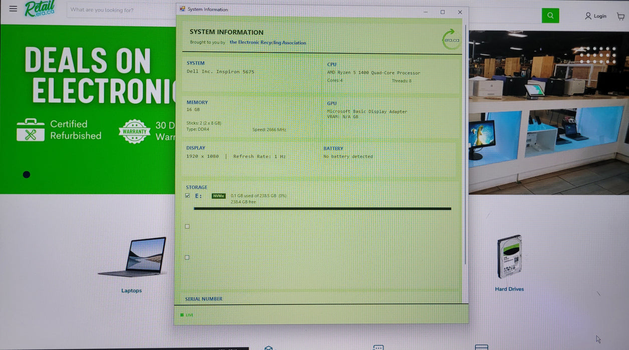 Dell Inspiron 5675| Ryzen 5 1400 Quadcore 3.20GHz 16GB DDR4 256GB NVMe