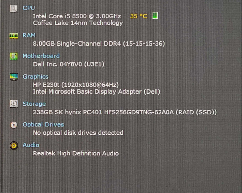 Dell OptiPlex 3060 SFF, i5-8500 3.0GHz 6Core, 8GB RAM, 256GB Nvme