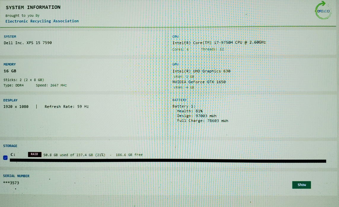 Dell XPS 15 7590 15" i7-9750H GTX1650 4GB GPU 16GB RAM 256GB SSD