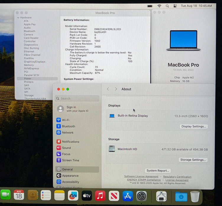 Apple MacBook Pro 13" M2 2022 Touch Bar 16GB RAM 512GB SSD No Power Adapter READ