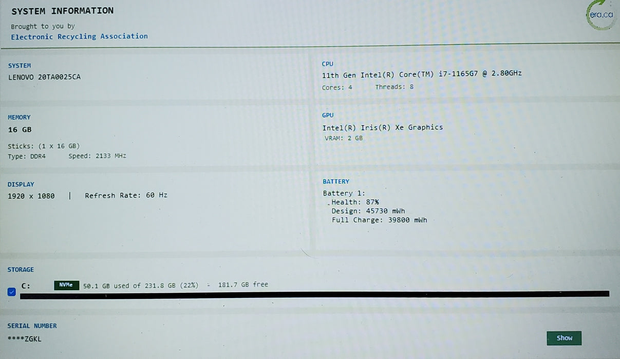 Lenovo ThinkPad E14 Gen 2 i7-1165G7 16GB DDR4 256GB NVMe