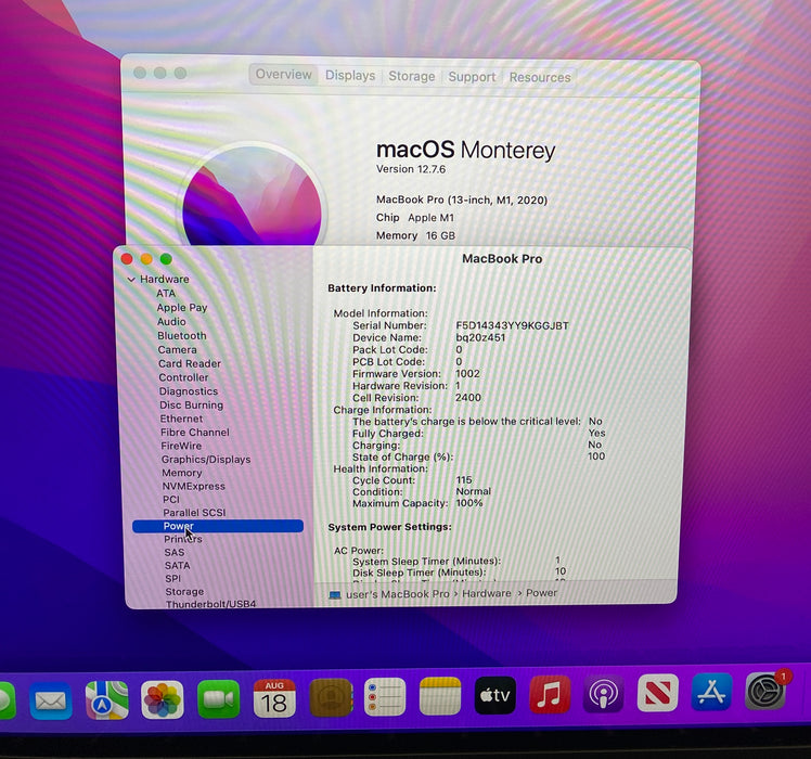 Apple MacBook Pro 13" M1 2020 Touch Boar 16GB RAM 512GB SSD No Power Adapter