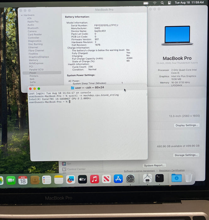 Apple MacBook Pro 13" 2020 Core i5-1038NG7 16GB RAM 512GB SSD No Power Adapter