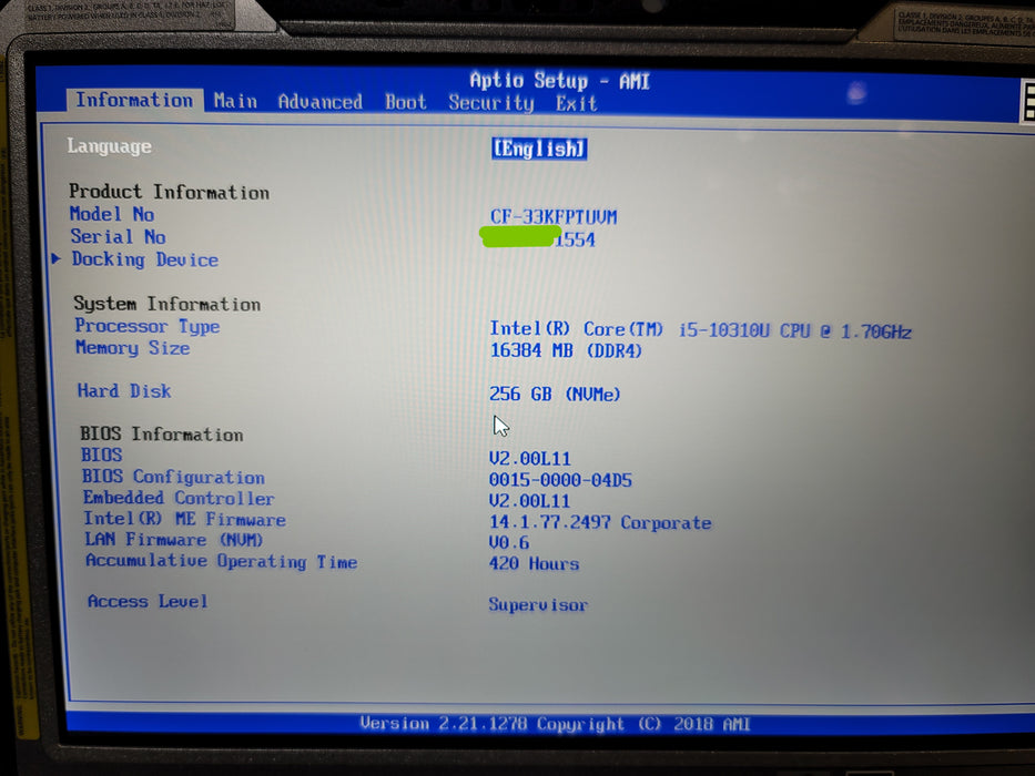 PANASONIC TOUGHBOOK 2-IN-1 CF-33 i5-10310U 16GB DDR4 256GB NVMe