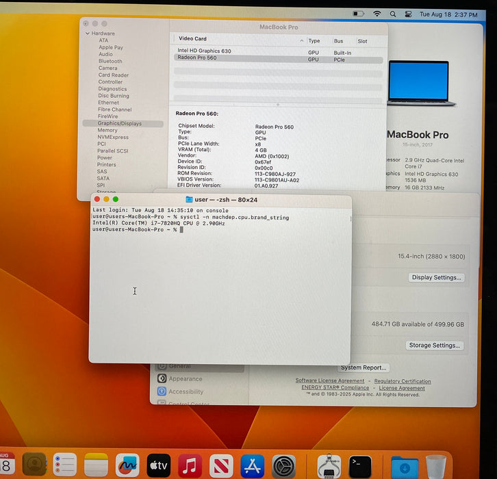 Apple MacBook Pro 15" 2017 i7-7820HQ Radeon Pro 560 GPU 16GB RAM 512GB SSD READ!