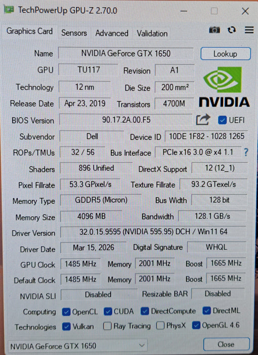 Dell GeForce GTX 1650 4GB GDDR5 Graphics Card *READ