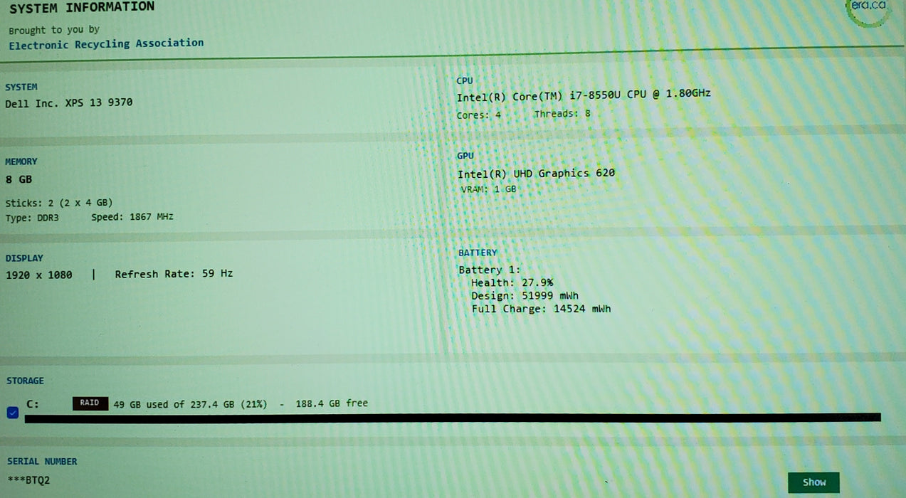 Dell XPS 13 9370 Core i7-8550U@1.8GHz 8GB RAM 256GB SSD READ