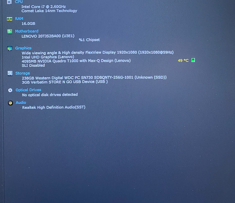 Lenovo ThinkPad P1 i7-10750H 2.60GHz QUADRO T1000 4GB GPU 16GB RAM 256GB SSD