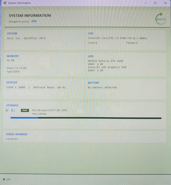 Dell OptiPlex 7071 MT - i7-9700, 16GB DDR4, GTX 1660 6GB, 256GB NVMe