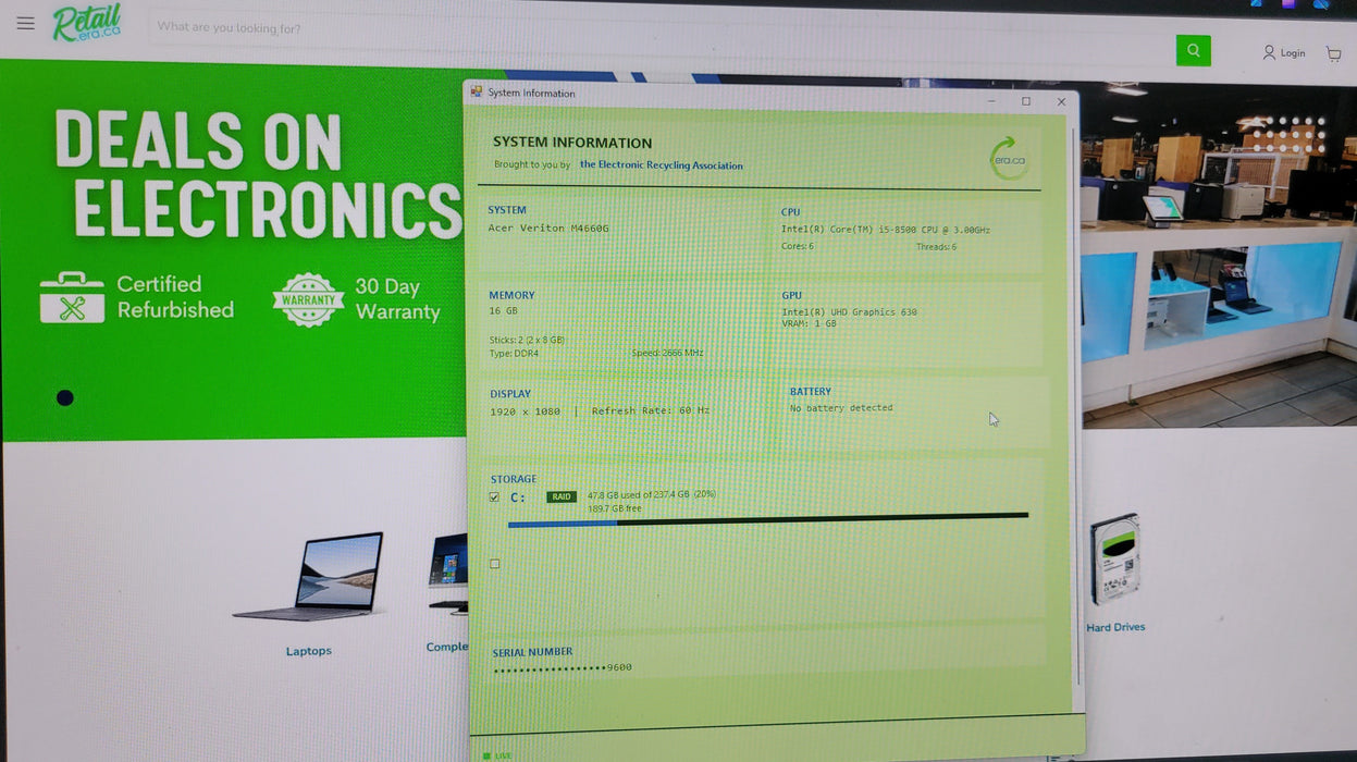 Acer Veriton M466G | i5-8500 @3.00GHz 16DDR4 256GB NVMe