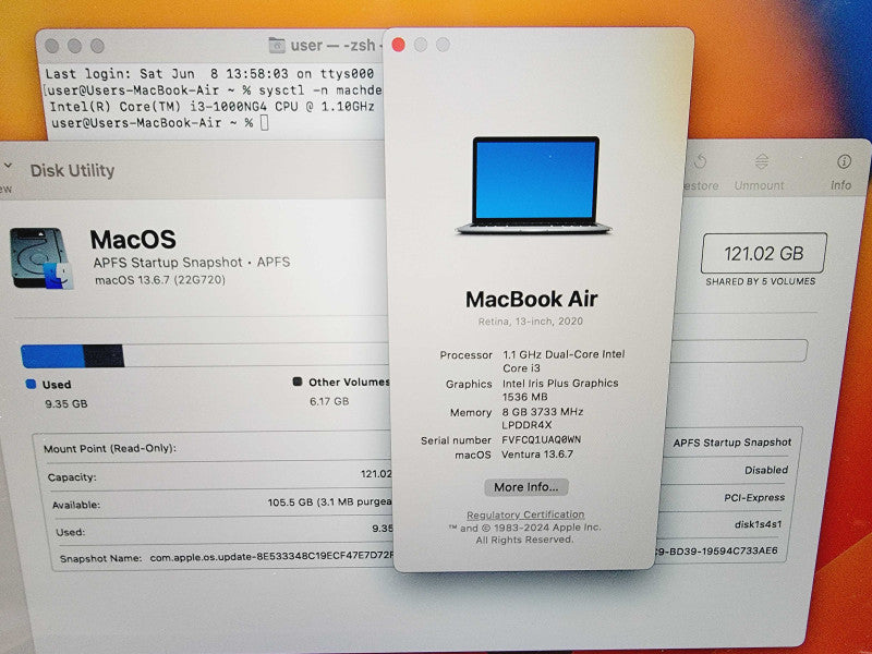 Apple Macbook Air Retina 2020 13\\" 2-Core i3-1000NG4 @ 1.1GHz 8GB DDR4 120GB SSD [Read] (