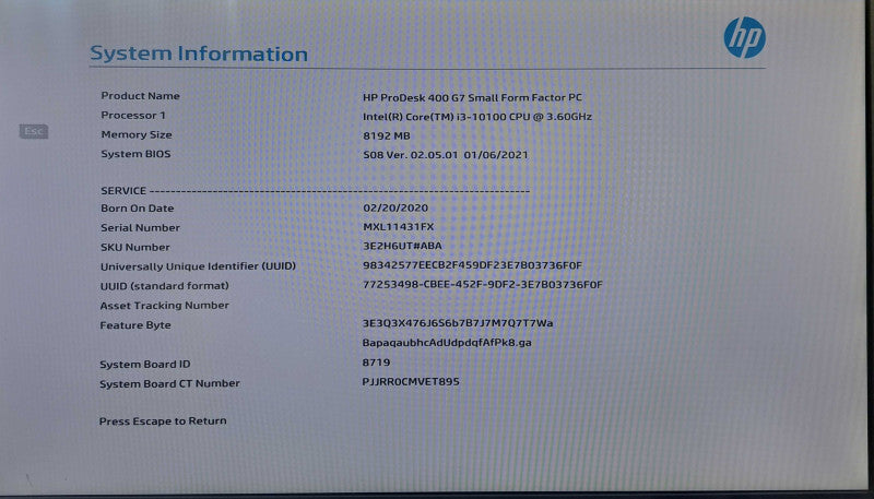 HP ProDesk 400 G7 SFF | i3-10100 @ 3.60GHz 4C, 8GB DDR4, No HDD/OS