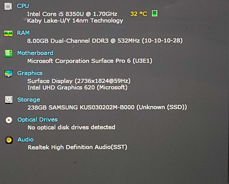 Microsoft Surface Pro 1796, i5-8350U 1.7GHz 4C, 8GB RAM, 256GB SSD, No KB