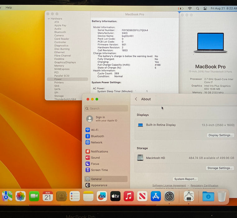 Apple MacBook Pro 13 2018 Touch Bar i7-8559U 16GB 512SSD No Power Adapter READ!