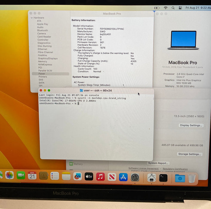 Apple MacBook Pro 13 2018 TouchBar i7-8559U 16GB RAM 512GB SSD No Power Adapter
