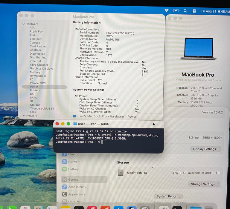 Apple MacBook Pro 13 2020 TouchBar i7-1068NG7 16GB RAM 512GBSSD No Power Adapter