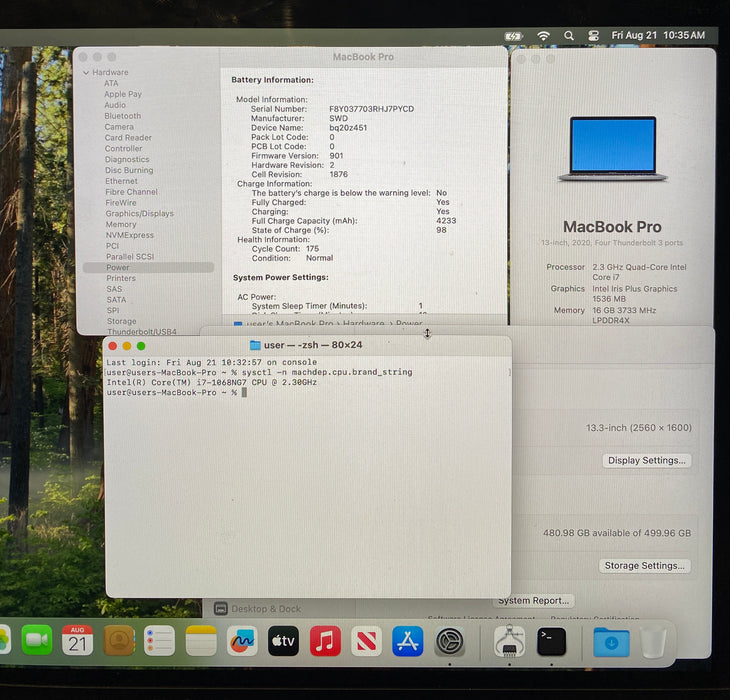 Apple MacBook Pro 13 2020 TouchBar i7-1068NG7 16GB RAM 512GBSSD No Power Adapter