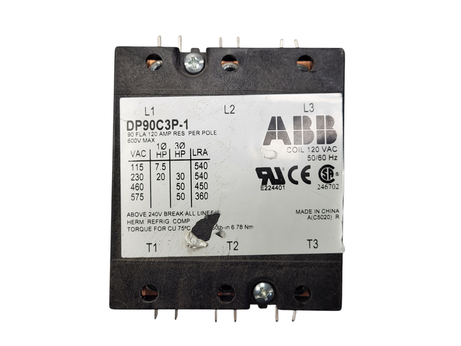 ABB DP90C3P-1 90A 120VAC 3-Pole Type DP Non-Reversing Definite Purpose Contactor