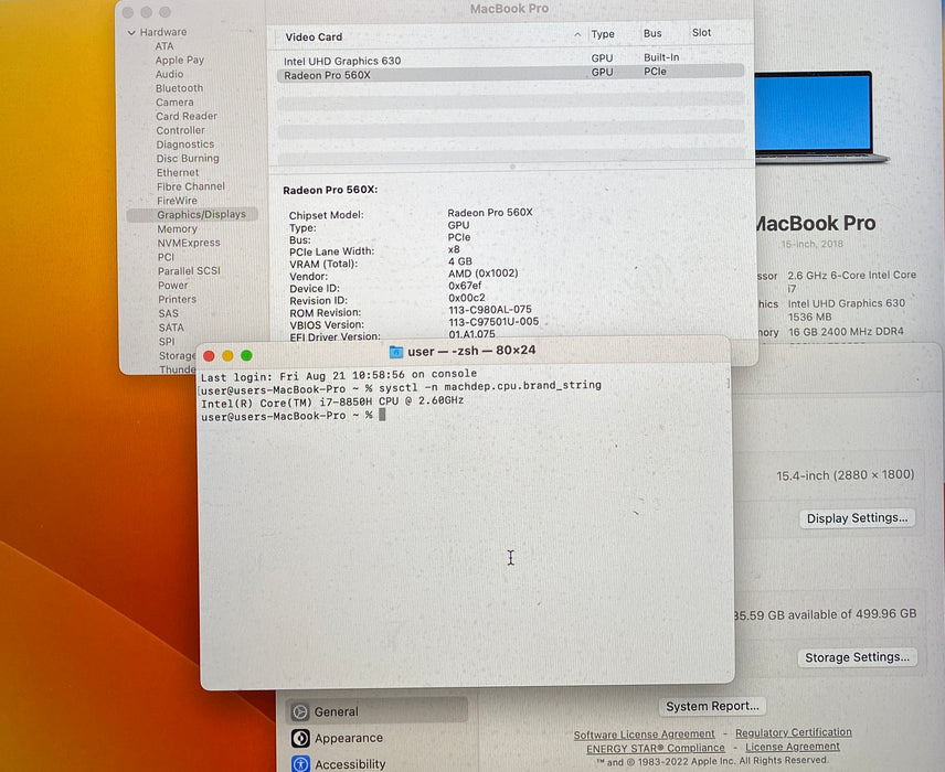 Apple MacBook Pro 15" 2018 i7-8850H Radeon Pro 560X GPU 16GB RAM 512GB SSD READ