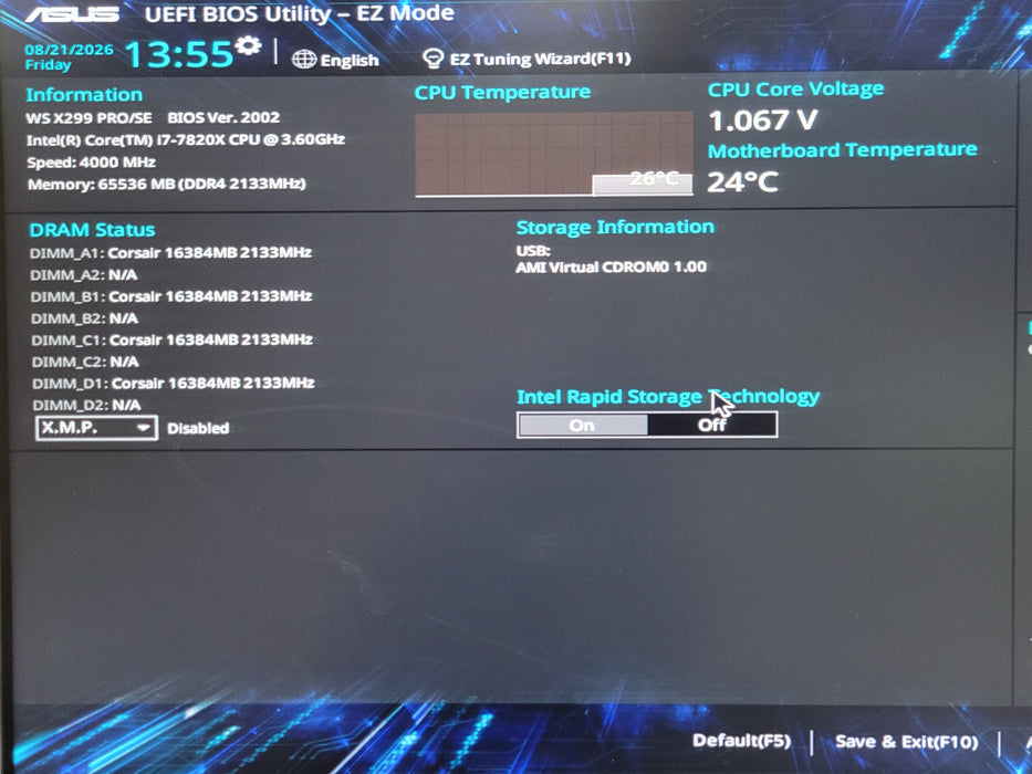 ASUS WS X299 PRO/SE WS board, Core I7-7820X 3.60GHz CPU, 64GB DDR4 RAM, I/O shie