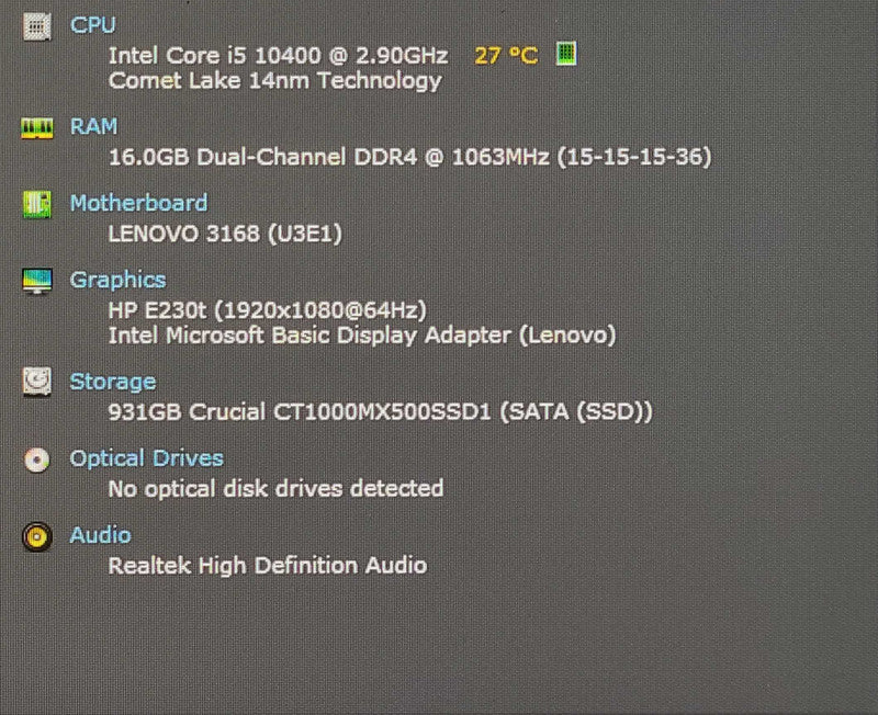 Lenovo ThinkCenre M70s, i5-10400 2.90GHz 6C, 16GB RAM, 1TB SSD, READ