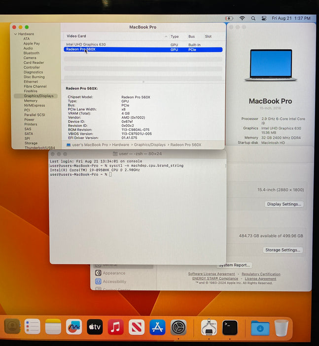 Apple Macbook Pro 15 2018 i9-8950HK Radeon Pro 560X GPU 32GB RAM 512GB SSD READ!