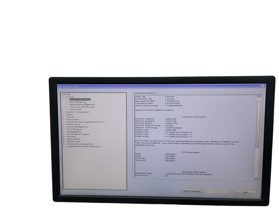 Dell Optiplex 5070 SFF i7 - 9700 @ 3.00GHz 8GB DDR4 Ram
