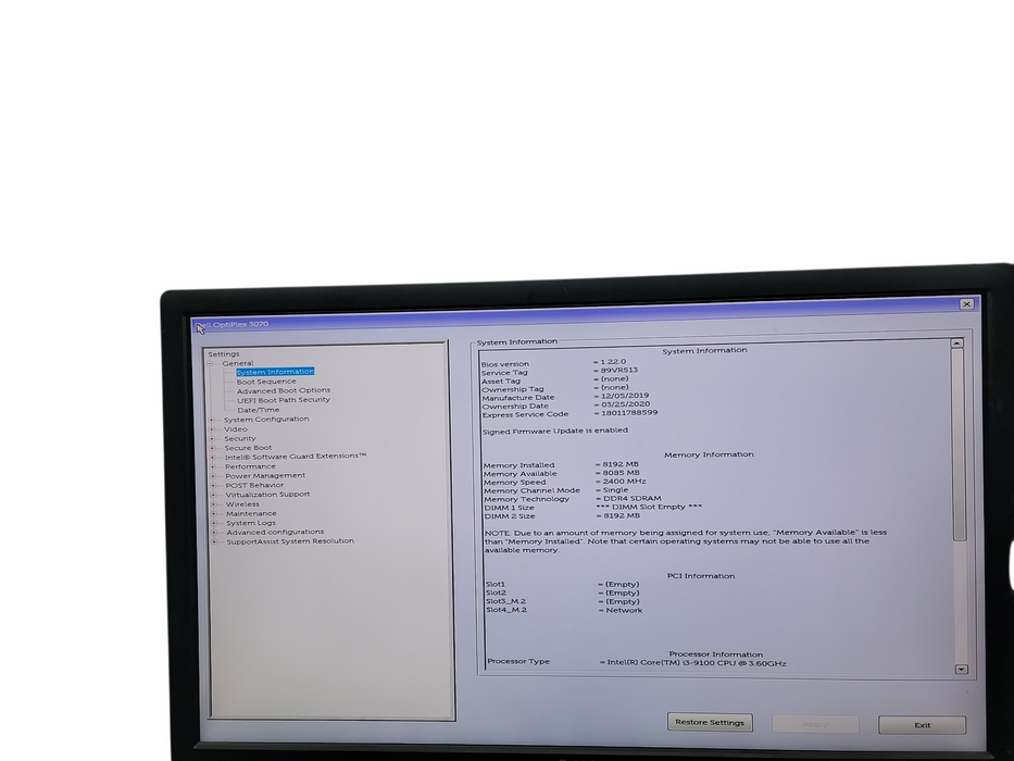 Dell Optiplex 3070 SFF i3 - 9100 @ 3.60GHz 8GB DDR4 Ram No HDD