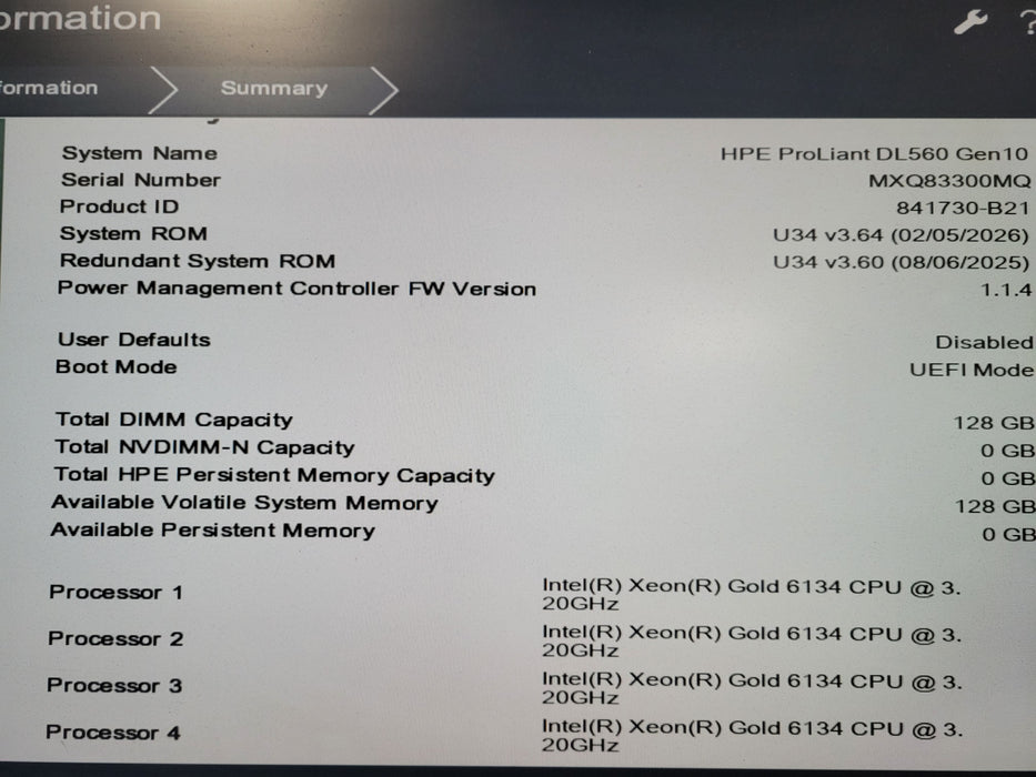 HPE ProLiant DL560 Gen10 2U, 4 x Gold 6134 @ 3.20GHz, 128GB RAM HPE P408i-a