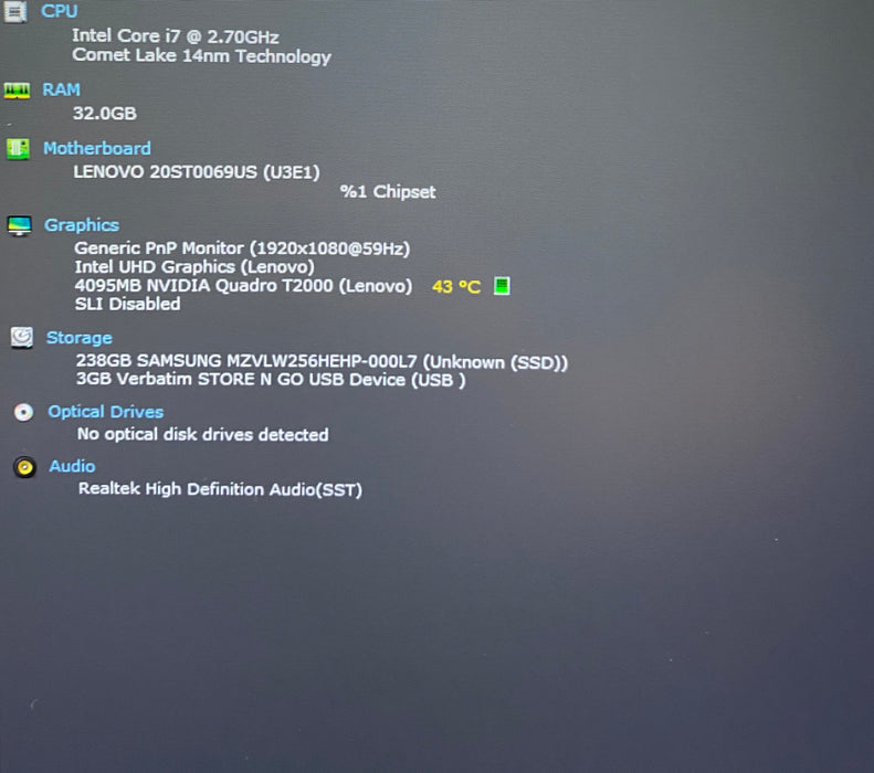 Lenovo ThinkPad P15 Gen 1 i7-10850H QUADRO T2000 4GB GPU 32GB RAM 256GB SSD
