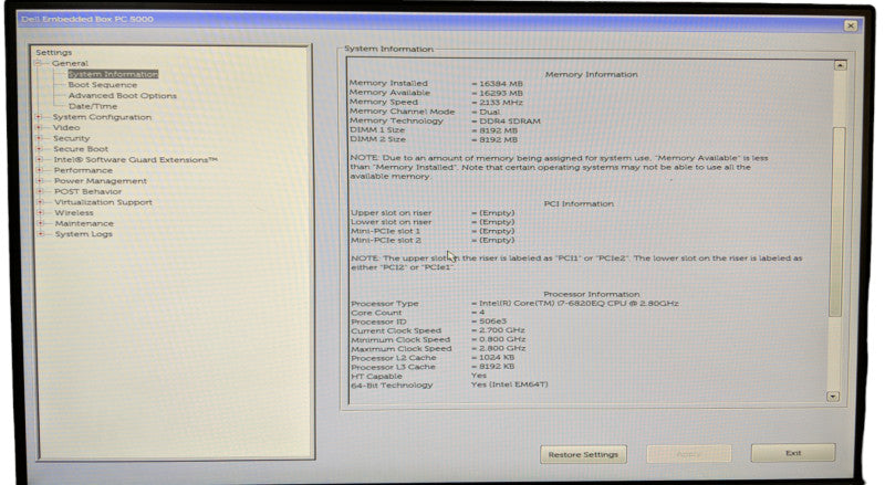 Dell Embedded Box PC 5000 - i7-6820EQ @ 2.8Ghz, 16GB DDR4 - No HDDs