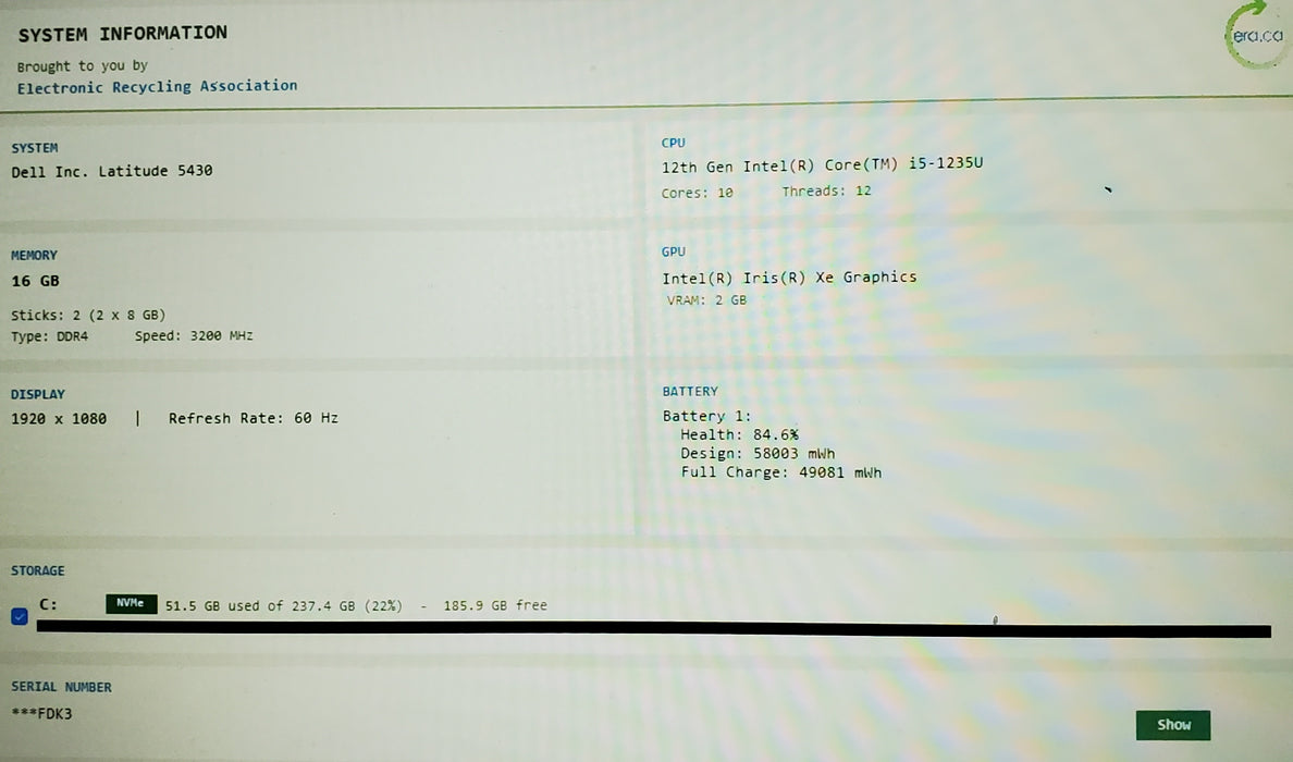 Dell Latitude 5430 Core i5-1235U 16GB RAM 256GB SSD READ