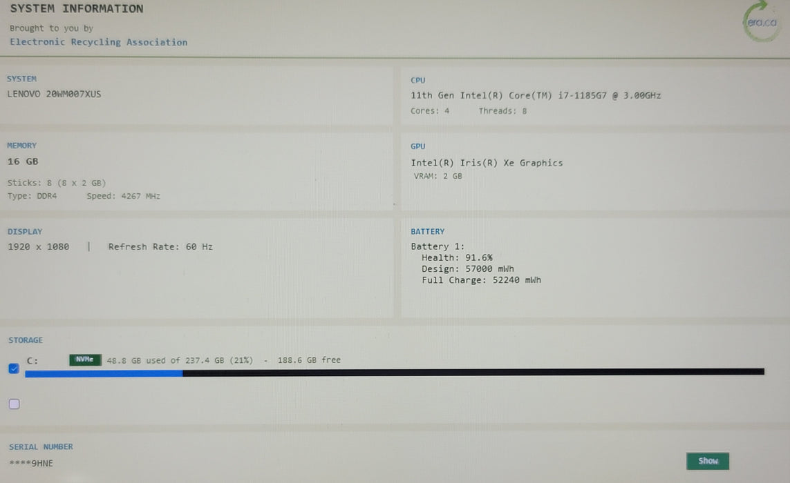 Lenovo ThinkPad T14s Gen 2 i7-1185G7 16GB DDR4 256GB NVMe READ