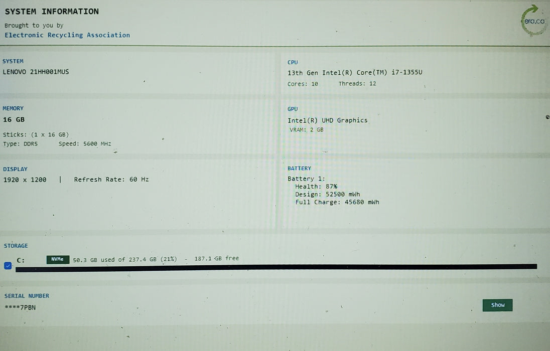 Lenovo ThinkPad T16 Gen 2 TOUCH i7-1355U 16GB RAM 256GB SSD READ