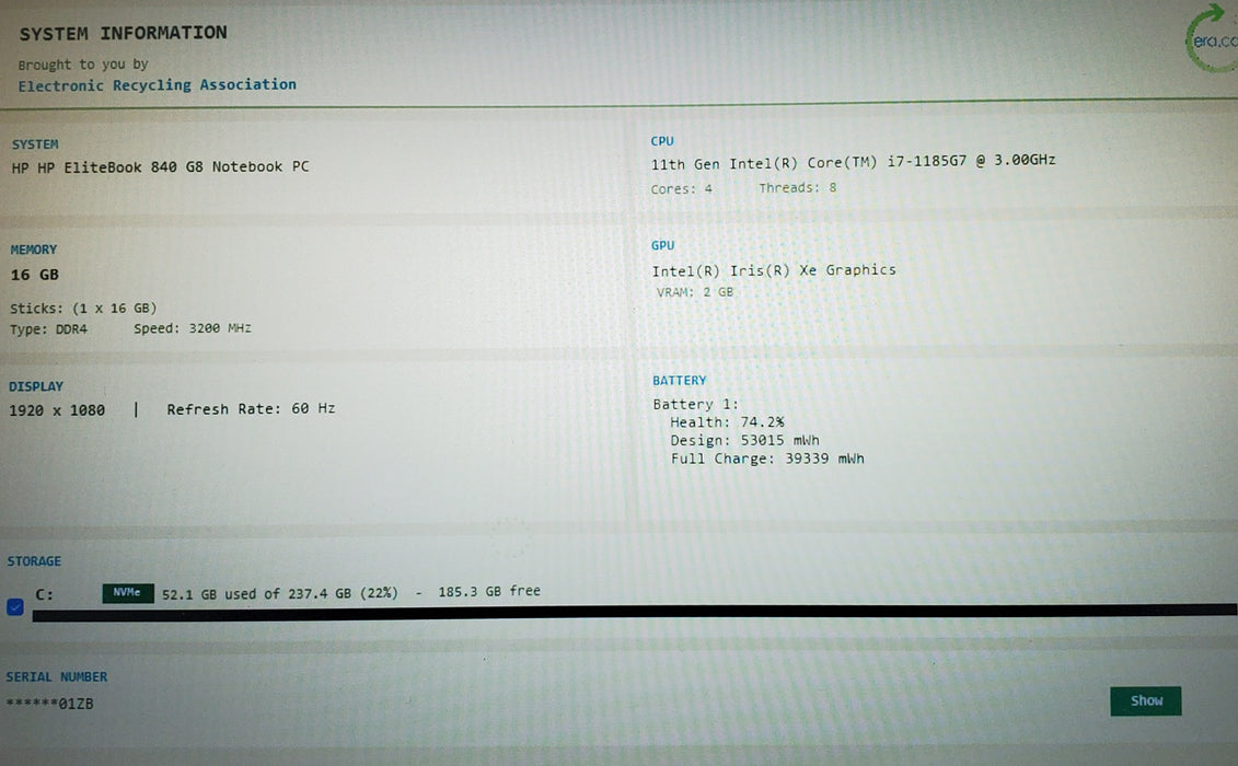 HP EliteBook 840 G8 14" i7-1185G7 16GB DDR4 256GB NVMe READ