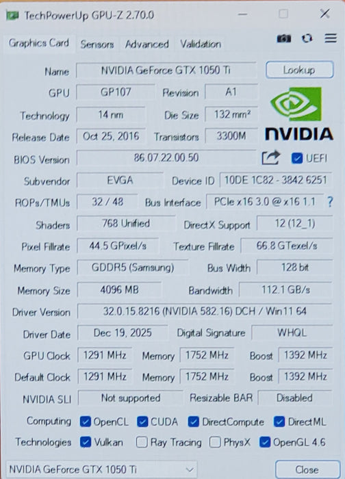 EVGA NVIDIA GeForce GTX 1050 Ti 4GB GDDR5 Graphics Card - 04G-P4-6253-KR