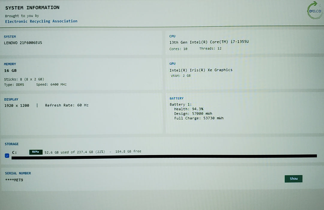 Lenovo Thinkpad T14s Gen 4 TOUCH Core i7-1355U 16GB LPDDR5 256GB SSD