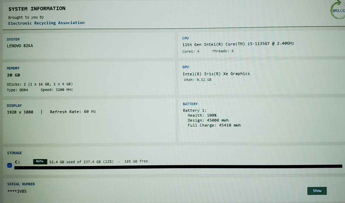 Lenovo V14 G2 ITL 14" Intel Core i5-1135G7 20GB RAM 256GB SSD READ