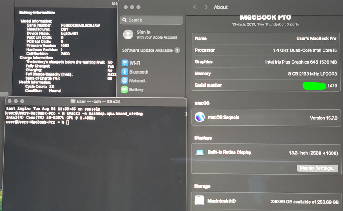Apple MacBook Pro 13" 2019 A2159 i5-8257U 8GB RAM 250GB SSD NO ADAPTER