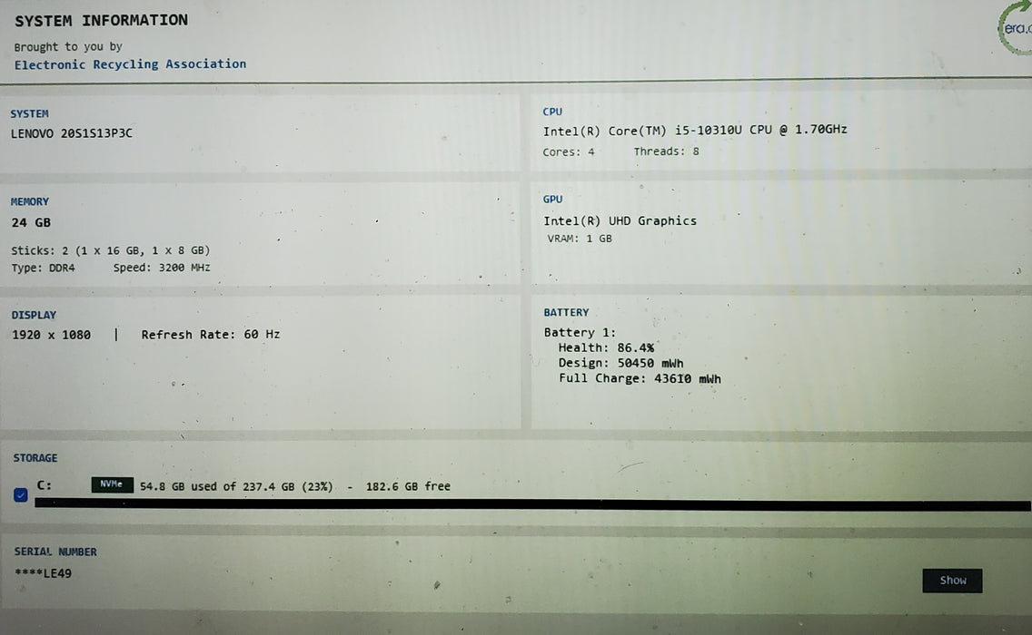 Lenovo ThinkPad T14s Gen 1 TOUCH i5-10310U 24GB DDR4 256GB NVMe READ
