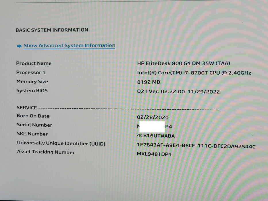 HP EliteDesk 800 G4 Micro 35W Core i7-8700T 2.40GHz 8GB DDR4 256GB NVMe Wi-Fi