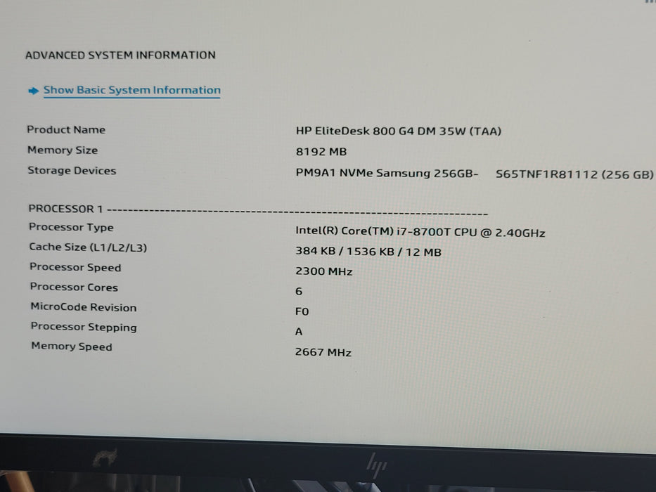 HP EliteDesk 800 G4 Micro 35W Core i7-8700T 2.40GHz 8GB DDR4 256GB NVMe Wi-Fi
