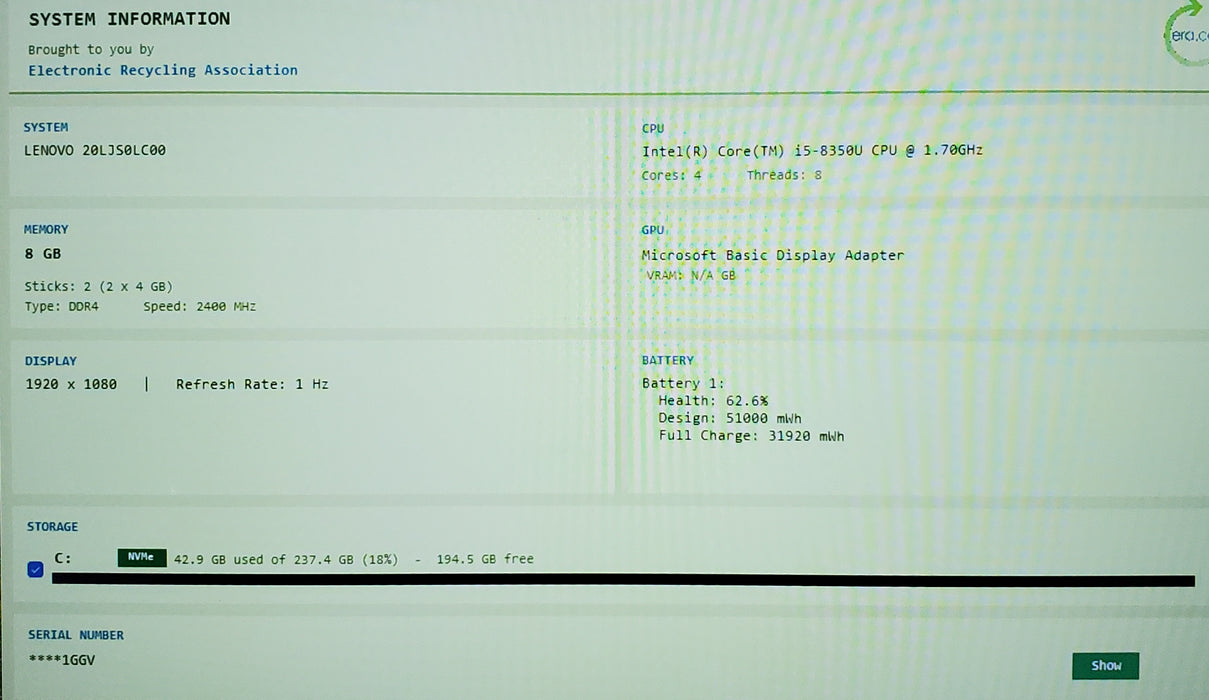 Lenovo ThinkPad X380 Yoga 13.3" 1.70GHz Core i5-8350U 8GB DDR4 256GB SSD READ